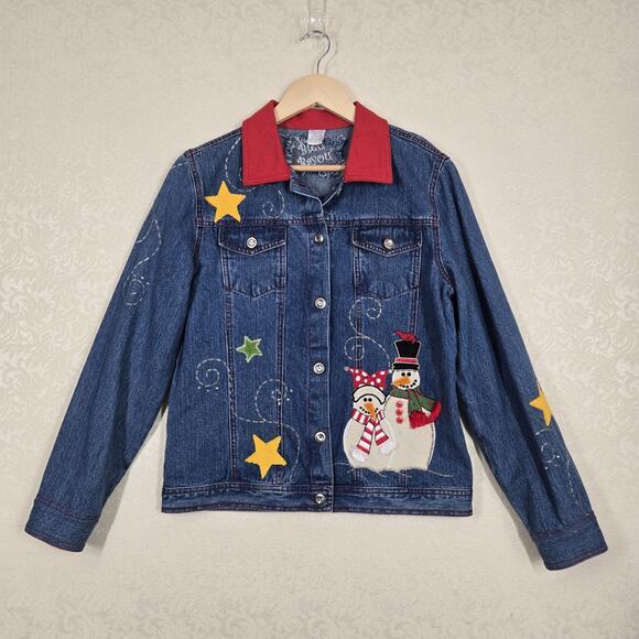 VTG Bleu Bayou Blue Denim Jacket sz M Snowman Winter Holiday Christmas Cotton - Picture 16 of 16